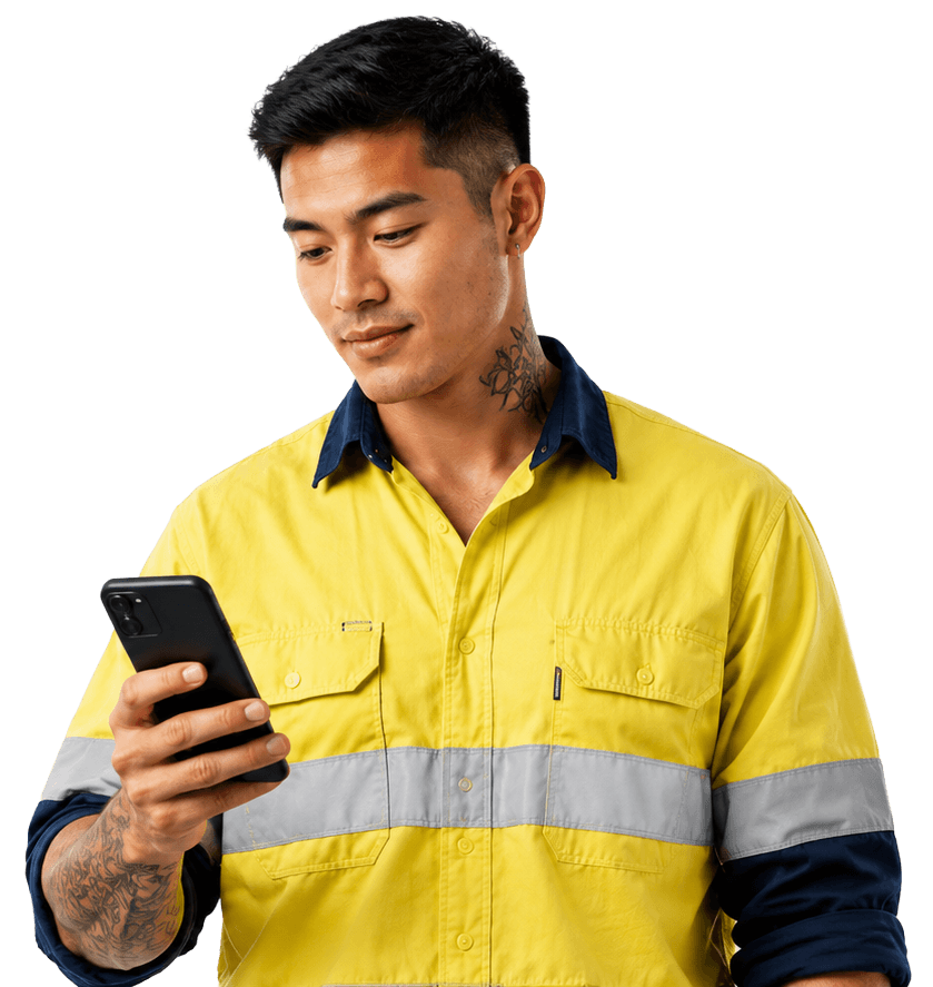 Sparky checking nearby work on his phone